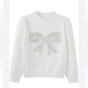 NWOT- Toddler Girls Elegant Sequined Bow Crew neck long Sweater Top. SZ 5/6 T